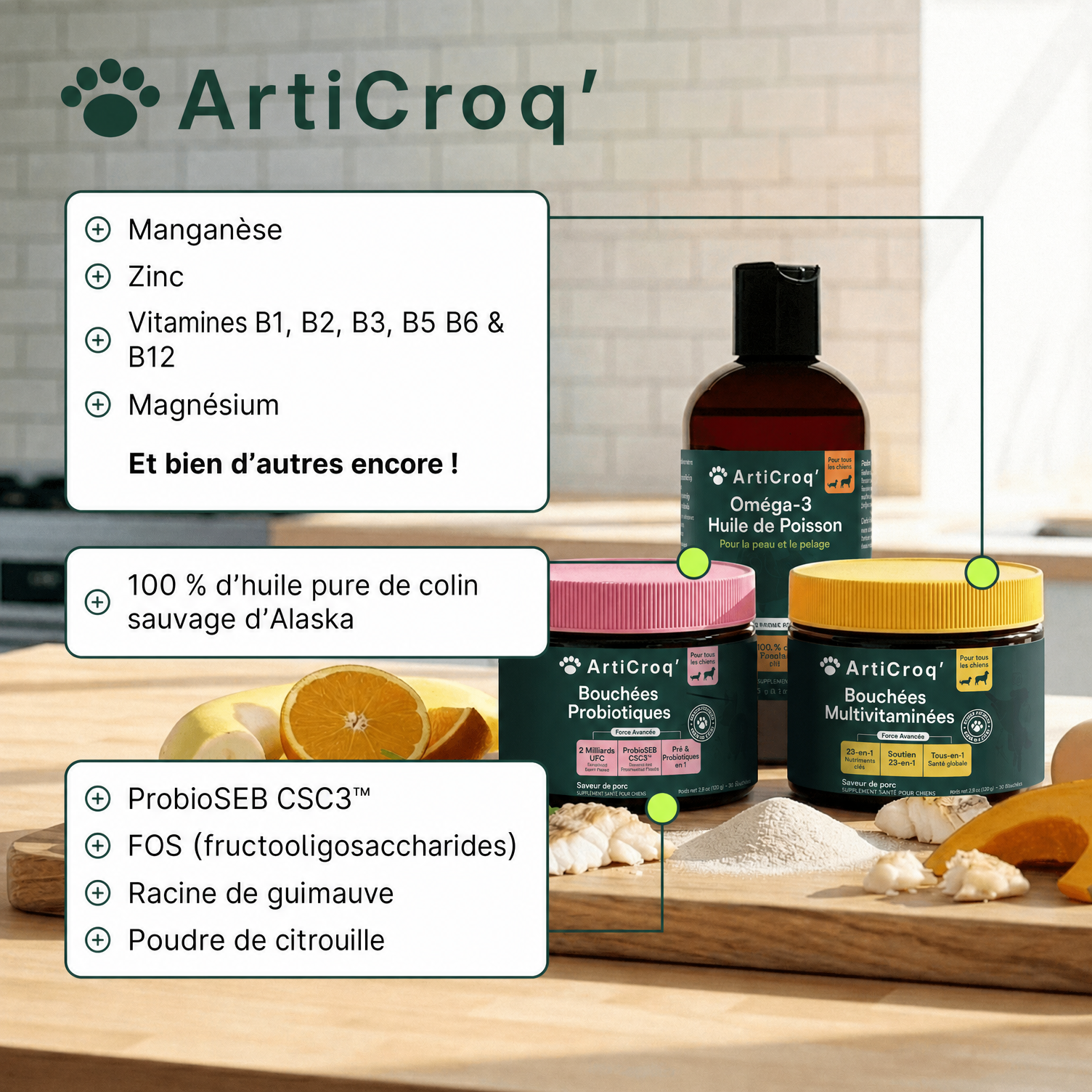 Friandises Multivitamines + Friandises Probiotiques + Huile de poisson Oméga 3 16 oz